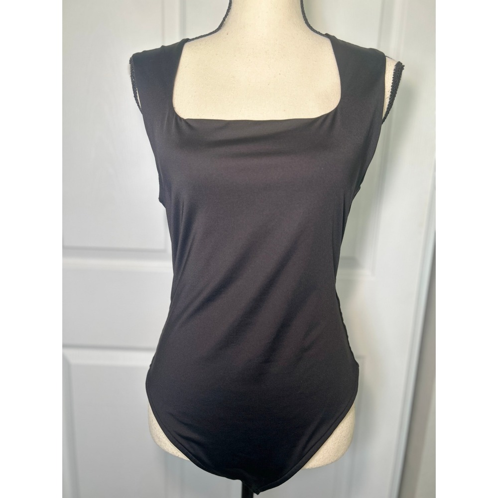 Le‎ Lis Collection Bodysuit Square Neck Large Black Sleeveless Stretch NEW